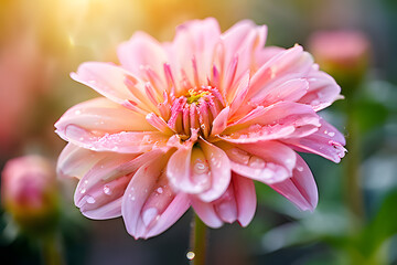 Fototapeta premium A captivating close-up unfolds, revealing the delicate beauty of a zinnia blossom. Soft focus blurs the background, highlighting the flower's soft, pastel pink petals that dominate the frame. 