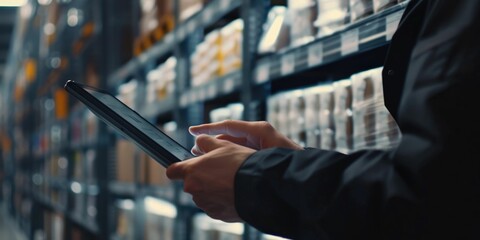 Close up of business man hand checking report by using tablet at storage with blurring background. Project manager looking at financial statistic while wearing formal and tapping at tablet. AIG42.