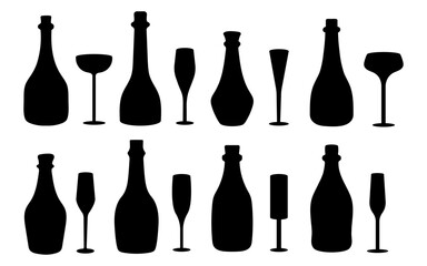 set wedding party Champagne Bottle and Glass Silhouettes