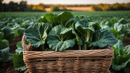 collard greens vegetable in a wooden basket with a bac puppy dog in outerspace