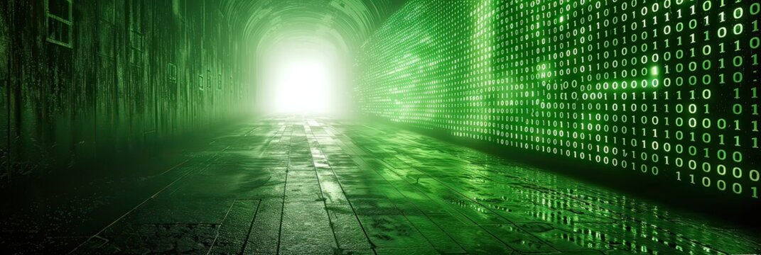 A tunnel lit with green binary code leads to a light at the end