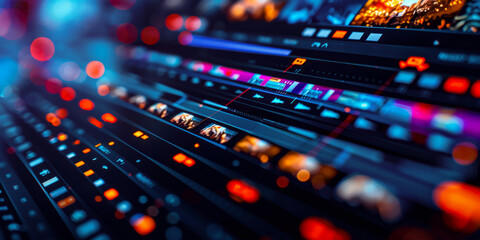 Dynamic digital interface of a professional video editing timeline with colorful and vibrant elements, showcasing modern technology and creativity in media production