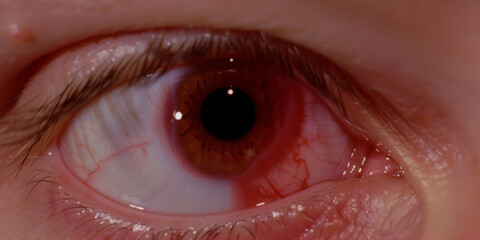 Close-up of a Red and Irritated Eye with Dilated Pupil