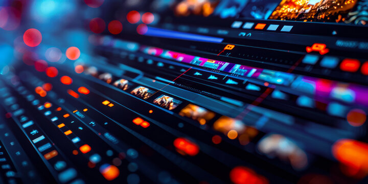 Dynamic digital interface of a professional video editing timeline with colorful and vibrant elements, showcasing modern technology and creativity in media production