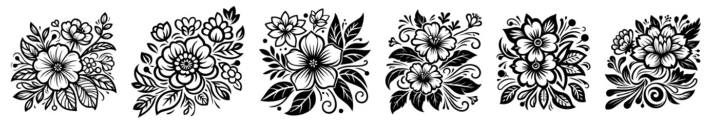 floral wreaths floristic decorations with leaves, black vector