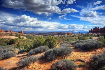 Naklejka premium National Park. Arches National Park America Beauty with Blue Skies and Delicate Clouds