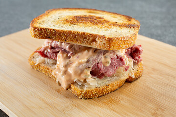 A view of a Reuben sandwich.