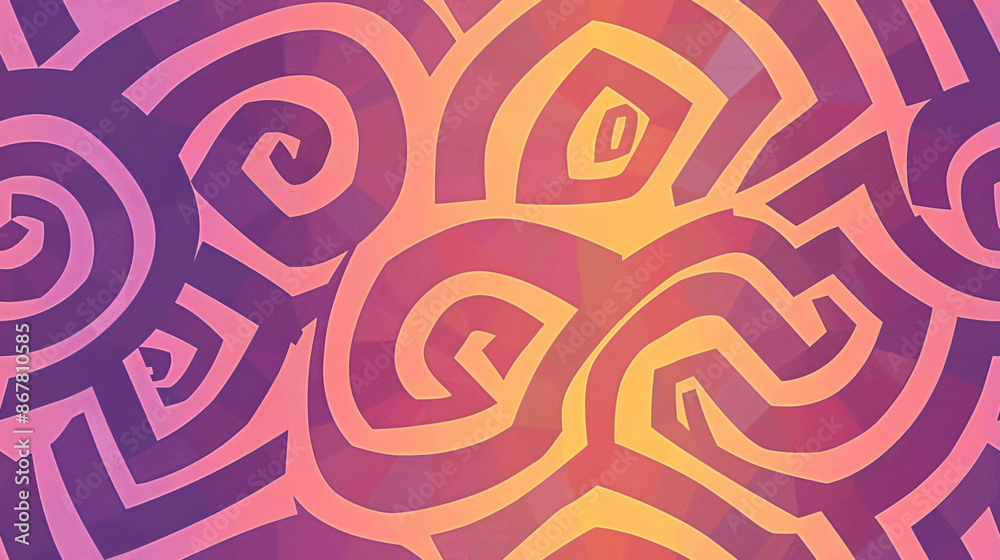 Poster Spiral shapes creating a repetitive pattern on abstract background, showcasing contemporary purple and orange color scheme