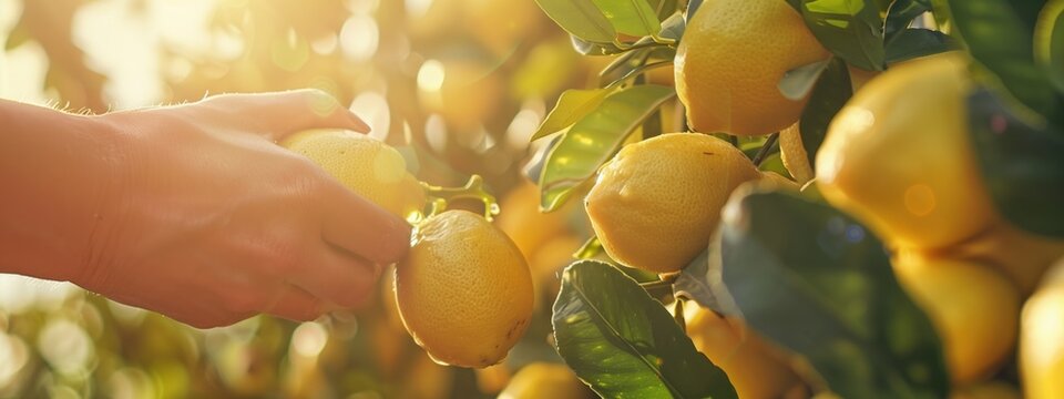 Hand picking fresh lemons from a tree at sunrise. Concept of organic farming and fresh produce. Ideal for agriculture, organic food, and farm-to-table themes.