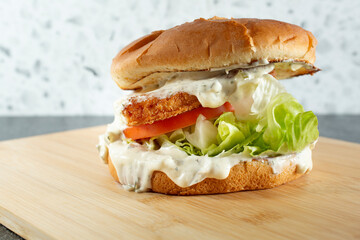 A view of a fish sandwich.