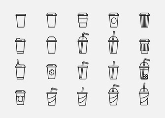 Paper and Plastic Cups Vector Icon Set in Outline Style