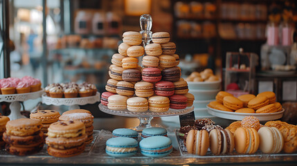 Colorful macaron tower in a patisserie
