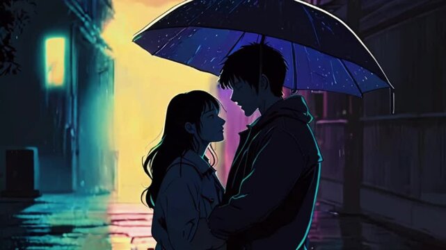 A Lo-fi couple embracing under an umbrella during a rainy night, with tears blending into the raindrops, anime chill hip hop music background. Cyan purple colours manga style 4k loop Animation Video