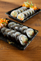 A view of some trays of gimbap.