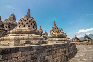 Borobudur Buddhist Temple on a sunny day in Yogyakarta, Java, Indonesia