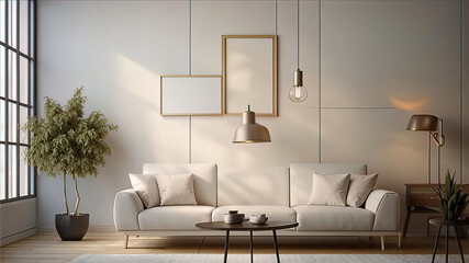 Modern home space of large room with frame on wall, clean minimalist interior, 3d rendering,