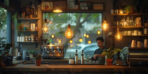 Stylish cafe bar area with vintage light bulbs illuminating the counter