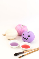 Pastel color pumpkis with copy space. Thanksgiving and Halloween crafts for kids.