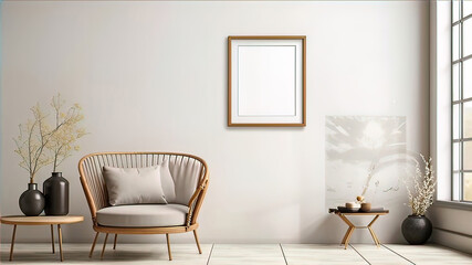 Modern home space of large room with frame on wall, clean minimalist interior, 3d rendering,