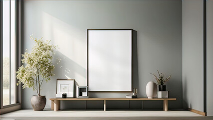 Modern home space of large room with frame on wall, clean minimalist interior, 3d rendering,