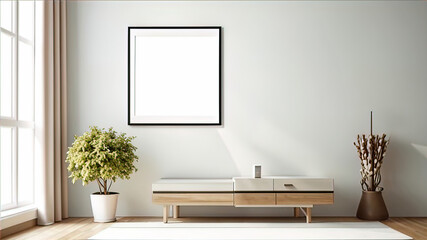 Modern home space of large room with frame on wall, clean minimalist interior, 3d rendering,
