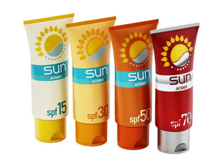 Collection of sun screen tubes with various protection levels isolated on transparent background.. 3D illustration