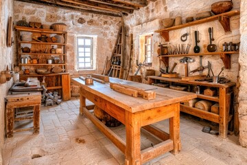 Vintage woodworking shop with rustic tools and wooden furniture, illuminated by natural light from a small window in a stone-walled room.