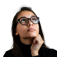 Thoughtful Young Woman in Glasses Looking Up Contemplatively with Hand on Chin, cut out transparent