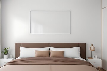 Wall mockup with white background frames in brown bedroom.