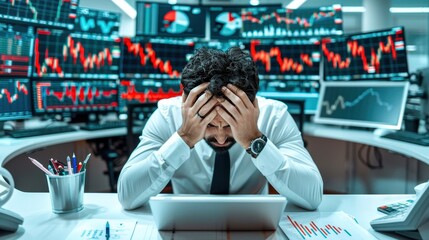 A man in a trading room with head in hands, surrounded by red declining graphs on multiple screens