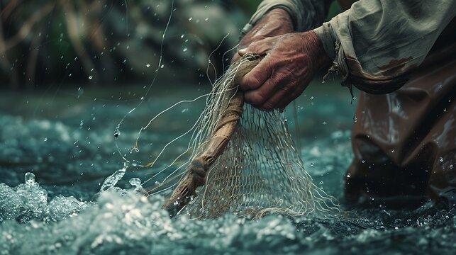 Experienced fisherman casting his net into the river his weathered hands and steadfast determination a testament to a life lived in harmony with nature