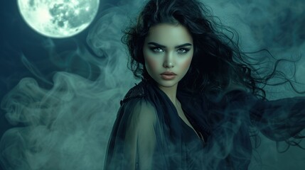 Fototapeta premium A woman with flowing black hair and a black shawl stands in front of the full moon. Looks at the camera with a serious expression on his face. The background is smoky, the moon is shining in the sky.