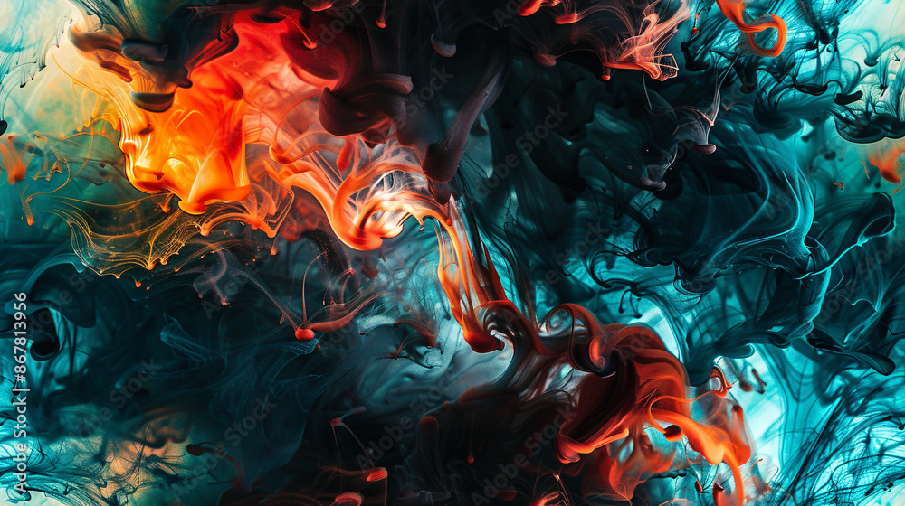 Poster Colorful ink is mixing in water, creating abstract shapes and textures with a swirling effect