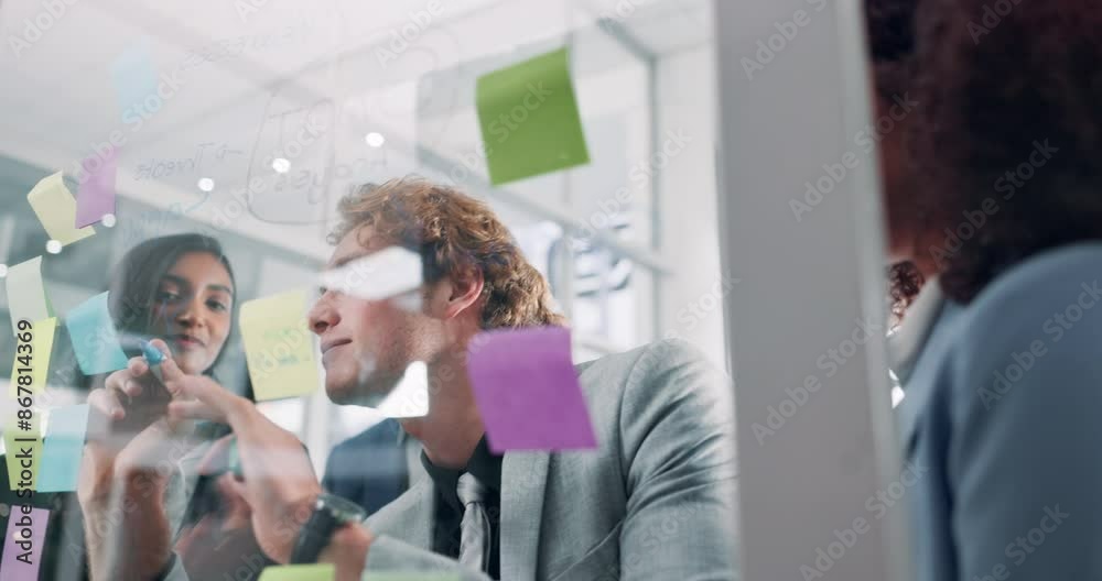 Poster glass, training and writing with business people in office for brainstorming a strategy together. co