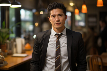 Dans le bistro de la ville, un homme d'affaires élégamment vêtu sourit à une femme debout à ses côtés. L'atmosphère nocturne ajoute à leur conversation un air de sophistication.