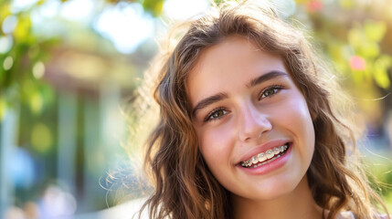 Obraz premium Close-up smile of a young girl with braces on her teeth..Orthodontic dental care concept. Generative AI
