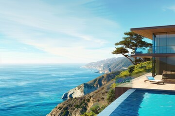 Fototapeta premium A modern house with a pool is situated on a hill near the ocean. The sky is blue with few clouds.