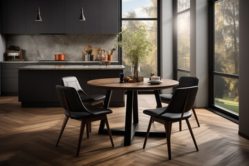 Fototapeta premium À l'intérieur d'une maison élégante, une table en bois est dressée pour le dîner, baignée dans la lumière douce qui traverse les grandes fenêtres.