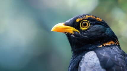 Close up of a common myna in nature with copy space background for World Animal Day featuring the Acridotgeres tristis