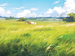 Green meadow landscape with blue sky.