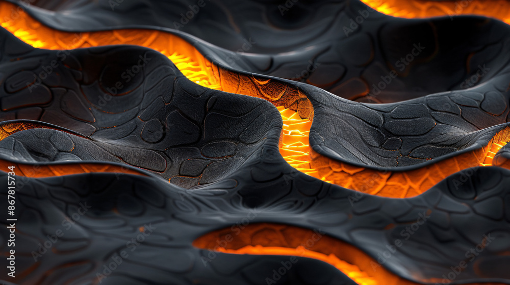 Poster Abstract black rock formation with a rough surface flowing with glowing orange lava