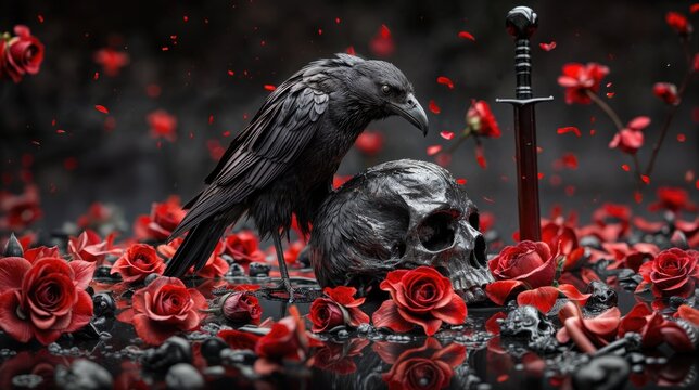 In a dark and eerie setting, a raven sits on a skull surrounded by red roses and a gleaming steel sword.