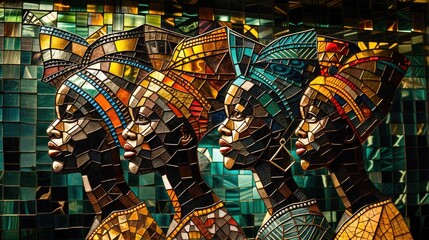 Naklejka premium A colorful mosaic of Afro women, each adorned with different patterns and colors, set against a background of geometric shapes.