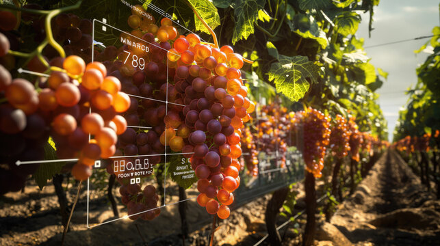 Close-up of ripe red grapes with digital screen data overlay in a vineyard. Concept of modern agriculture technology and precision farming. Vineyard, grape cultivation, smart farming background. - Powered by Adobe
