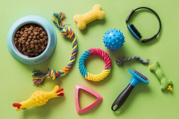 Pet accessories, bowl of dry feed, toys. Top view, flat lay