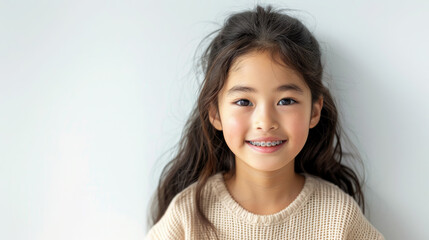 small smiling asian child with metal braces on teeth, orthodontist, dentist, oral cavity, mouth, kid, baby, portrait, face, tooth, health, straight, bite, treatment, white background, korean girl