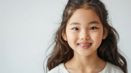 Fototapeta premium small smiling asian child with metal braces on teeth, orthodontist, dentist, oral cavity, mouth, kid, baby, portrait, face, tooth, health, straight, bite, treatment, white background, korean girl