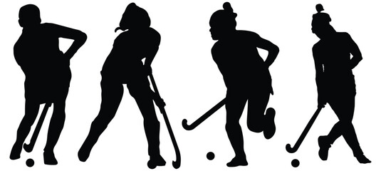 Girls Playing Hockey silhouette. girl with a ball play field hockey, Set of female field hockey athlete silhouette