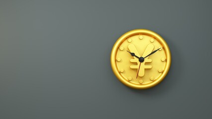 Gold yen coin with clock hands on grey background, time is money concept. 3D illustration render.
