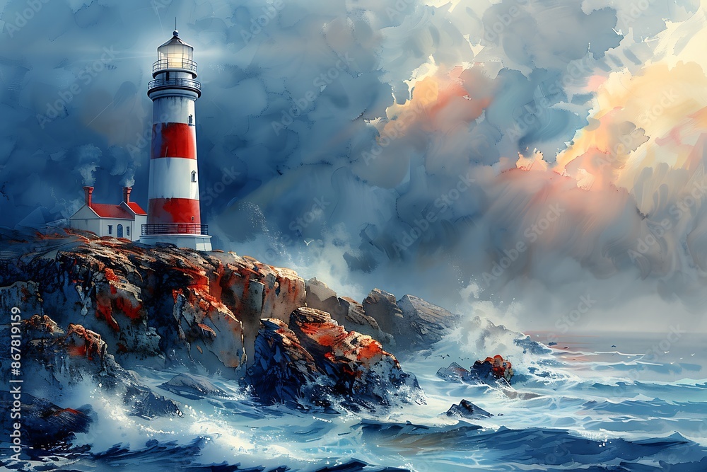 Wall mural Watercolor of a lighthouse on a rocky coast with crashing waves